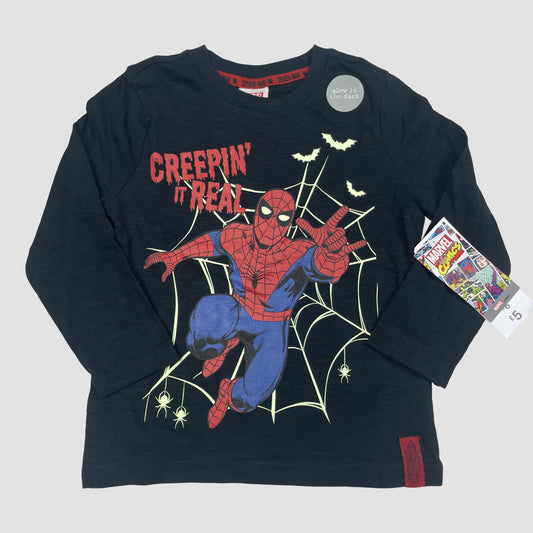 Schwarzes Marvel Spider-Man Langarmshirt mit leuchtendem Print und Rundhalsausschnitt, Größe 18–24 Monate