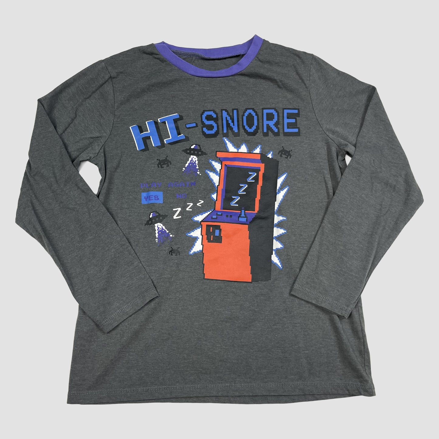 Graues Langarmshirt von George mit HI-SNORE Arcade-Print, Größe 11–12 Jahre (146–152 cm) – front