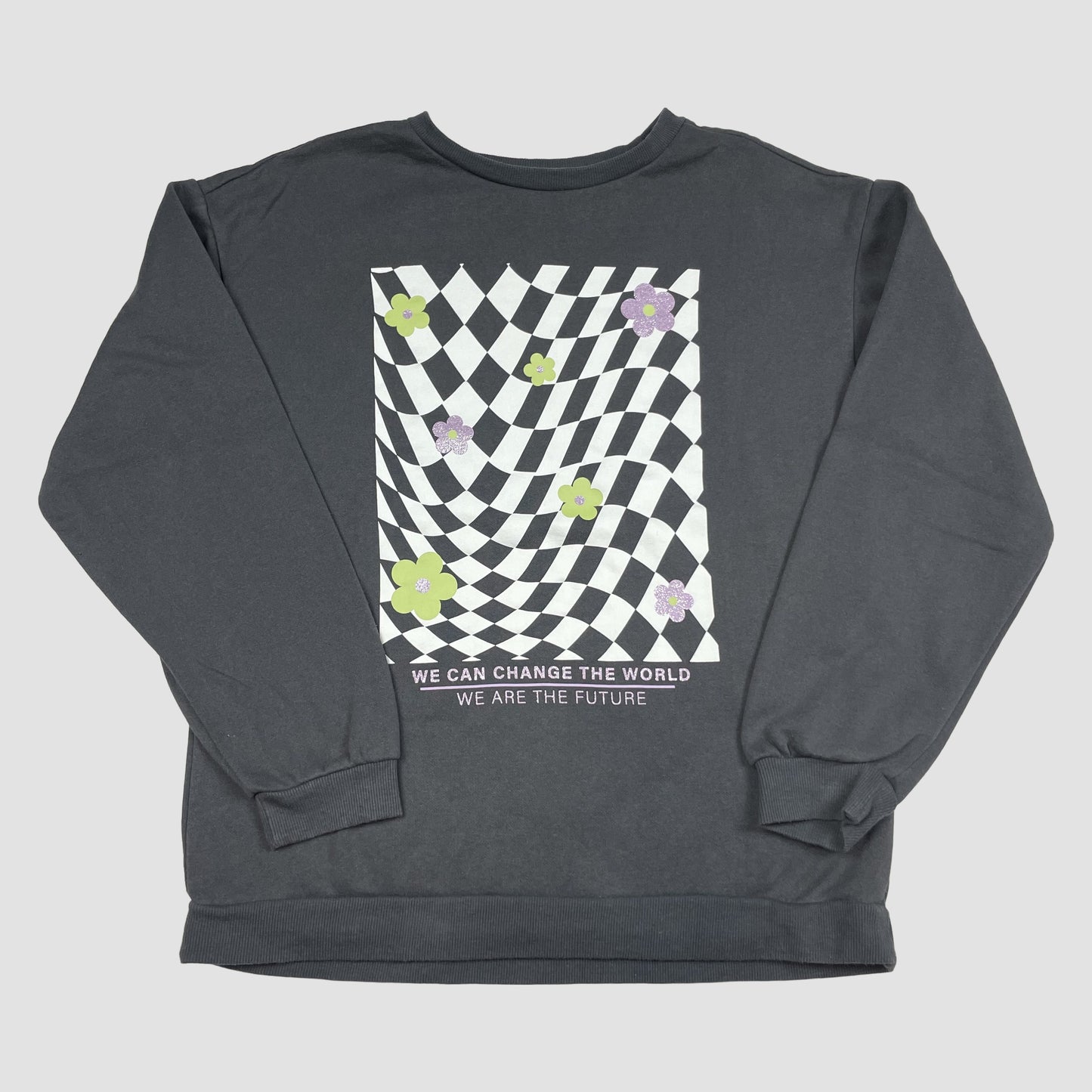 Dunkelgraues Primark Sweatshirt mit Schachbrett-Print und Blumen, Größe 12/13 Jahre – front