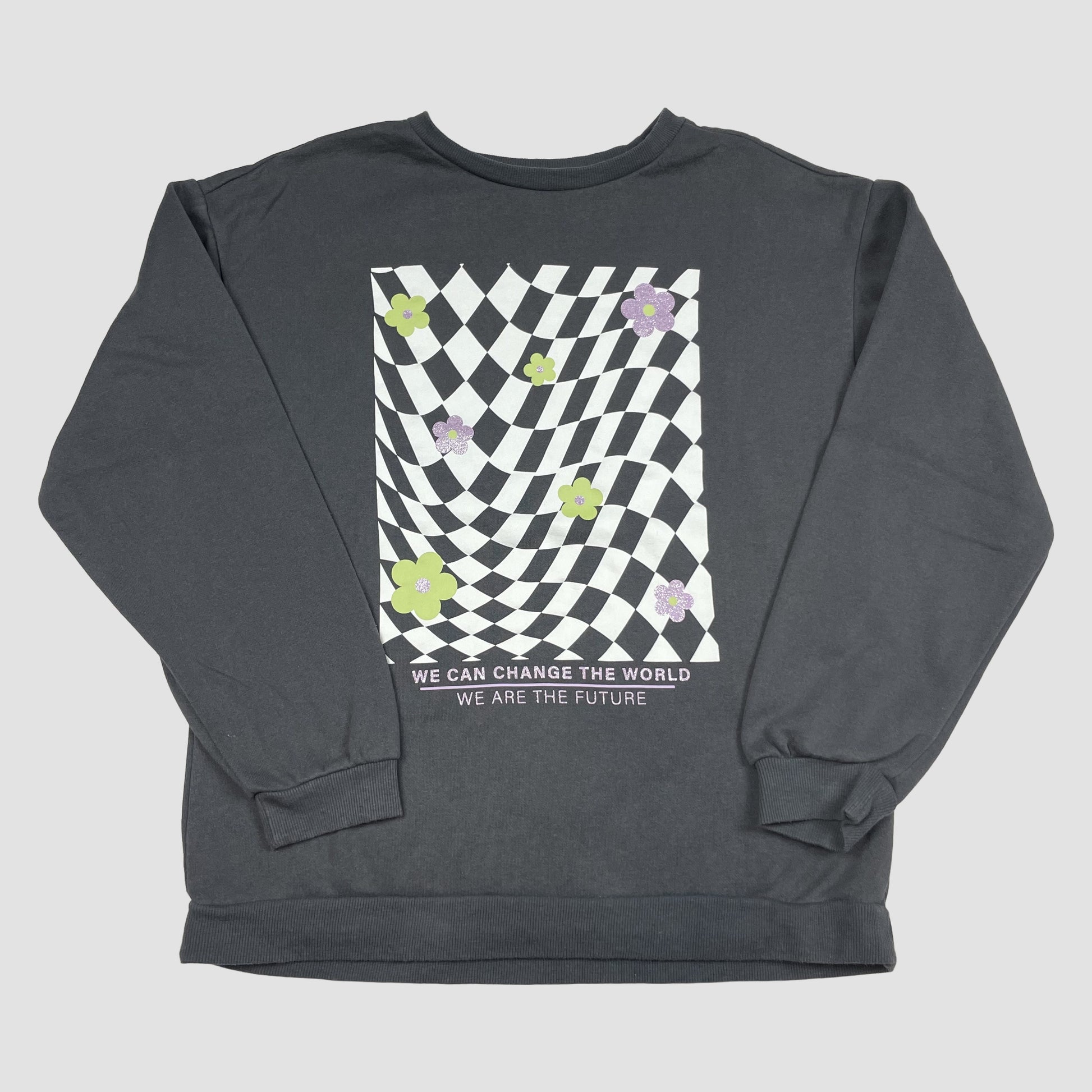 Dunkelgraues Primark Sweatshirt mit Schachbrett-Print und Blumen, Größe 12/13 Jahre – front