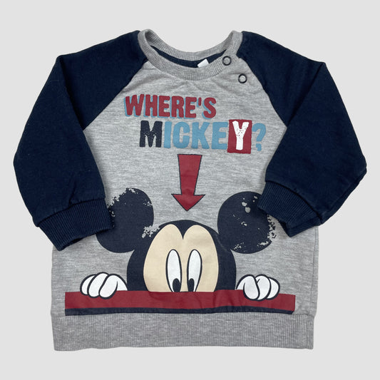 Graues Disney Baby-Sweatshirt mit dunkelblauen Ärmeln und Mickey-Motiv, Größe 6–9 Monate