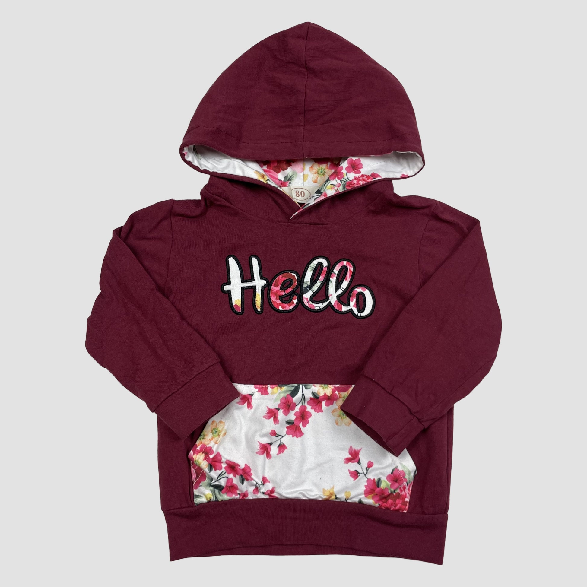 Bordeauxfarbener Kinder-Hoodie mit „Hello“-Schriftzug und Blumenfutter, Größe 80 – front