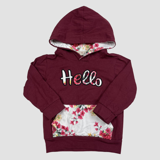 Bordeauxfarbener Kinder-Hoodie mit „Hello“-Schriftzug und Blumenfutter, Größe 80 – front