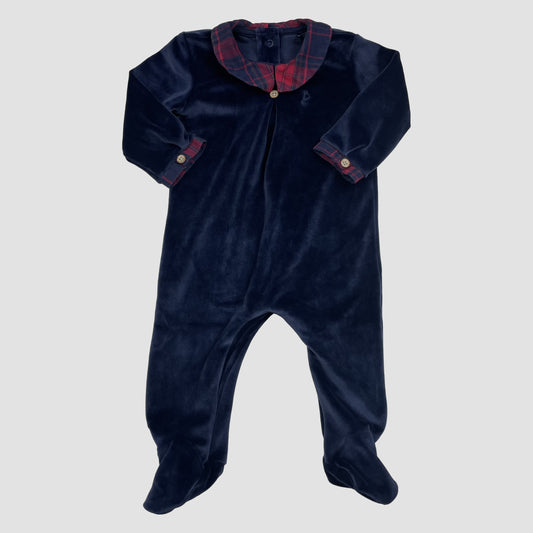 Dunkelblauer Samt-Strampler mit kariertem Kragen und Füßen von George, 3–6 Monate – front