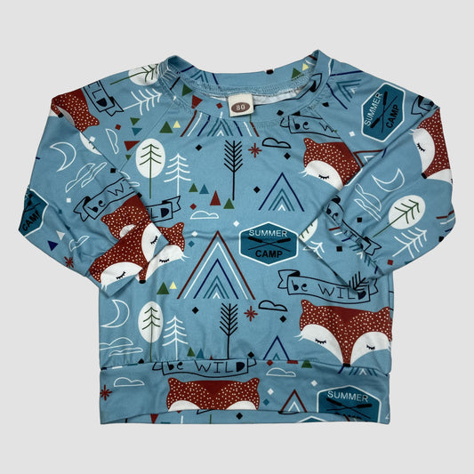 Hellblauer Pullover mit Fuchs- und Waldmotiv, Größe 80