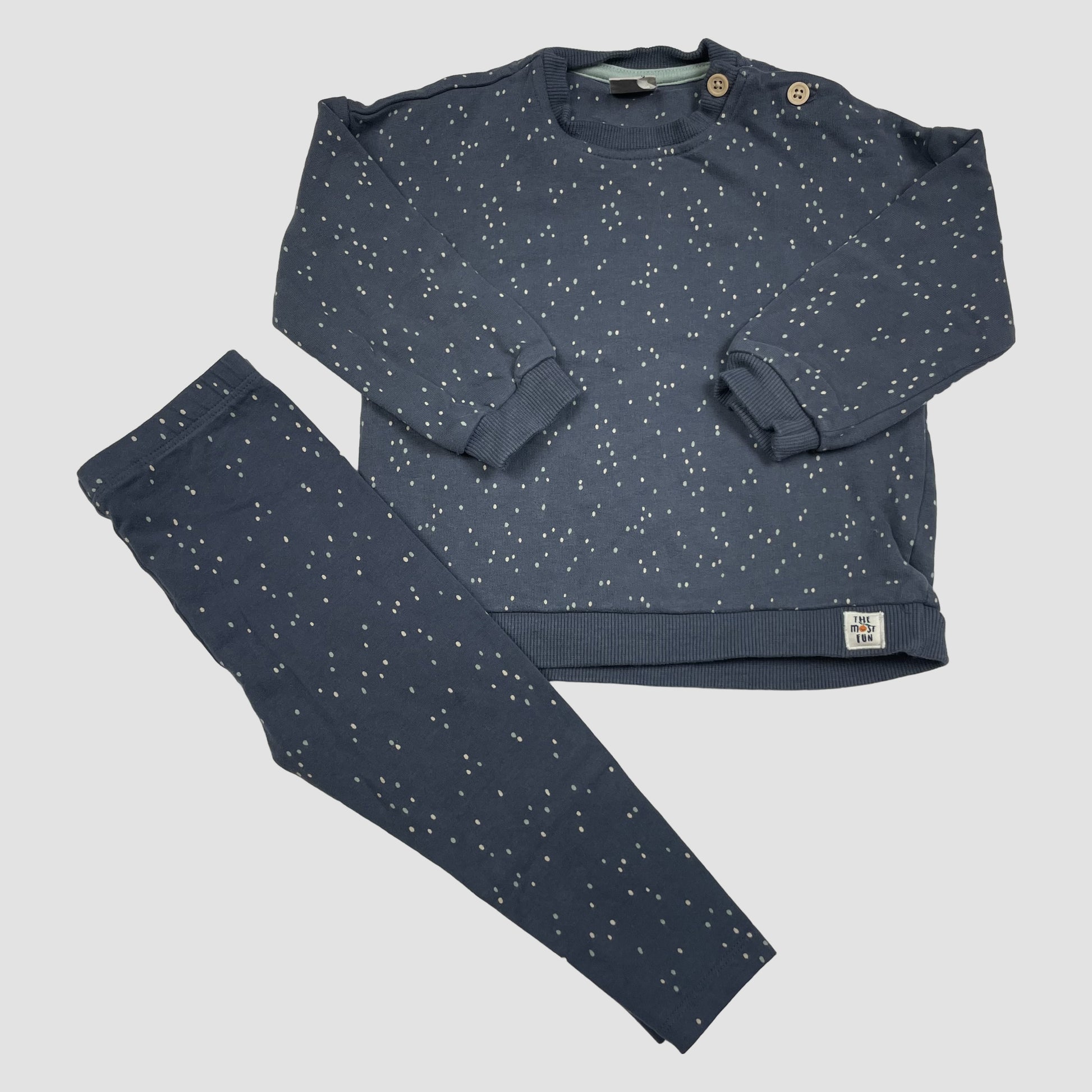 John Lewis Set: Sweatshirt und Leggings dunkelblau mit Punkten, Größe 9–12 Monate – front