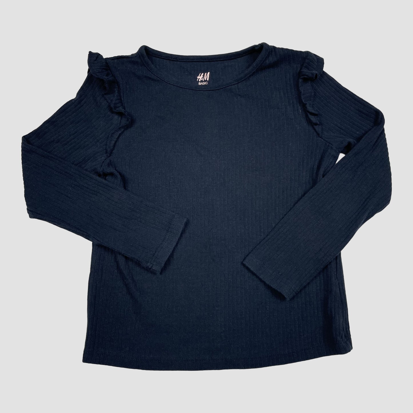 H&M dunkelblaues Langarmshirt mit Rippstruktur und Rüschen an den Schultern, Größe 110/116
