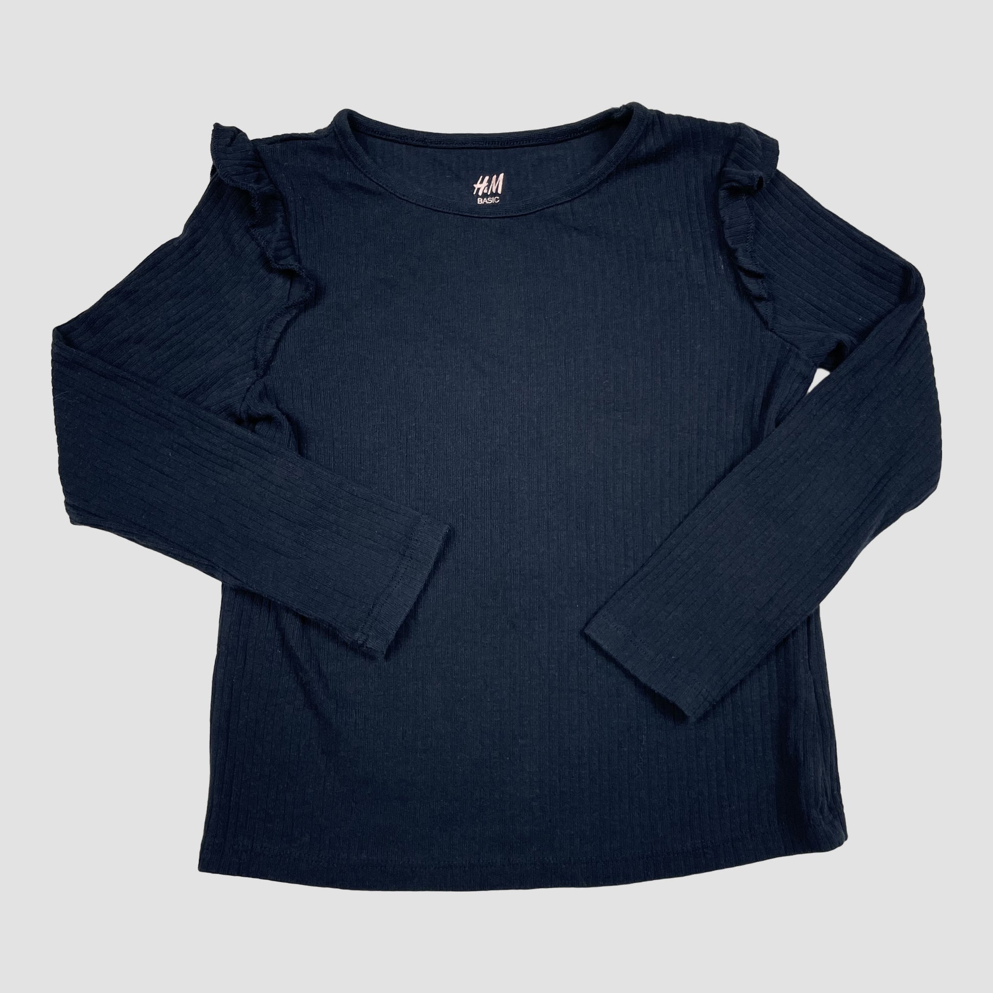 H&M dunkelblaues Langarmshirt mit Rippstruktur und Rüschen an den Schultern, Größe 110/116