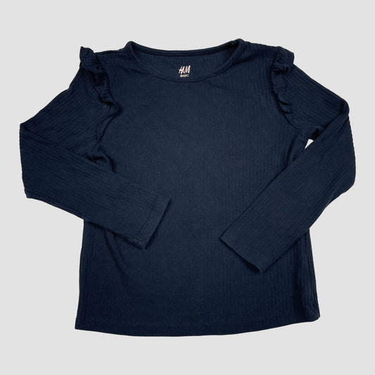 H&M dunkelblaues Langarmshirt mit Rippstruktur und Rüschen an den Schultern, Größe 110/116