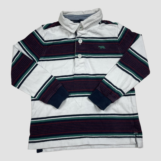 Gestreiftes Langarm-Poloshirt von M&S in Weiß mit Grün und Blau, Größe 104 – front