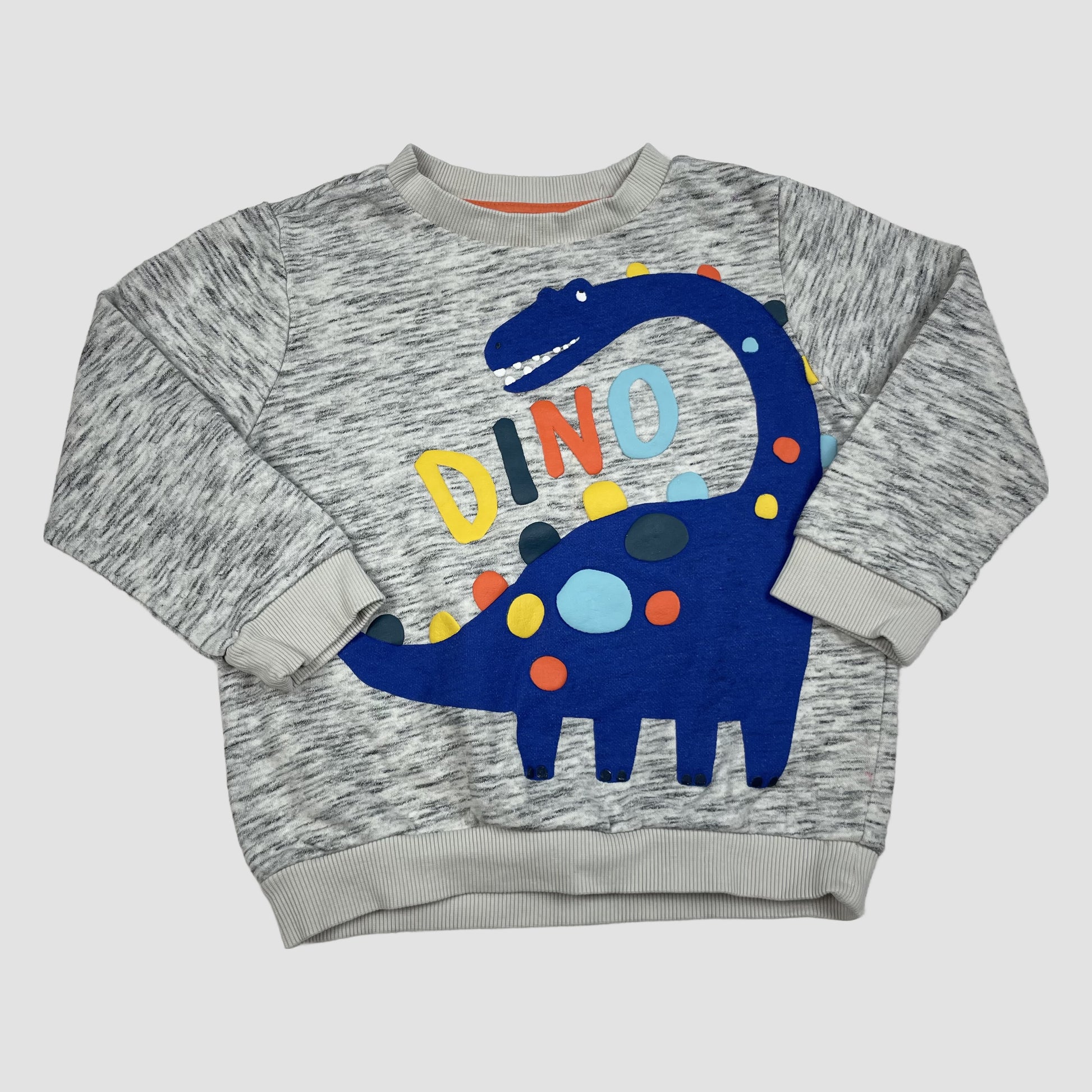 Graues F&F Sweatshirt mit großem blauem Dino-Print und bunten Punkten, Größe 3–4 Jahre – front