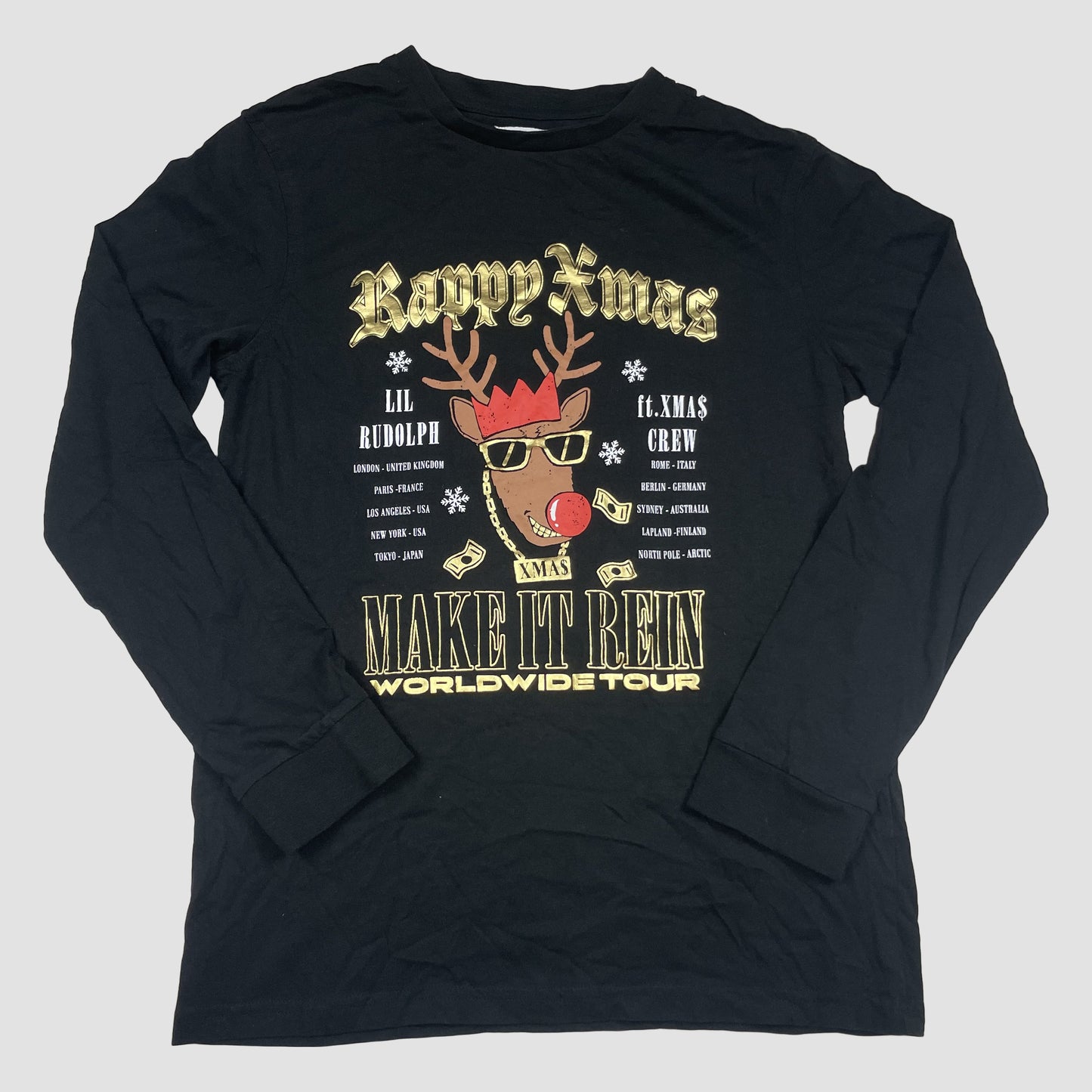 Schwarzes Langarmshirt von George mit weihnachtlichem Print „Rappy Xmas“ und Rentiermotiv, Größe 14–15 Jahre. – front