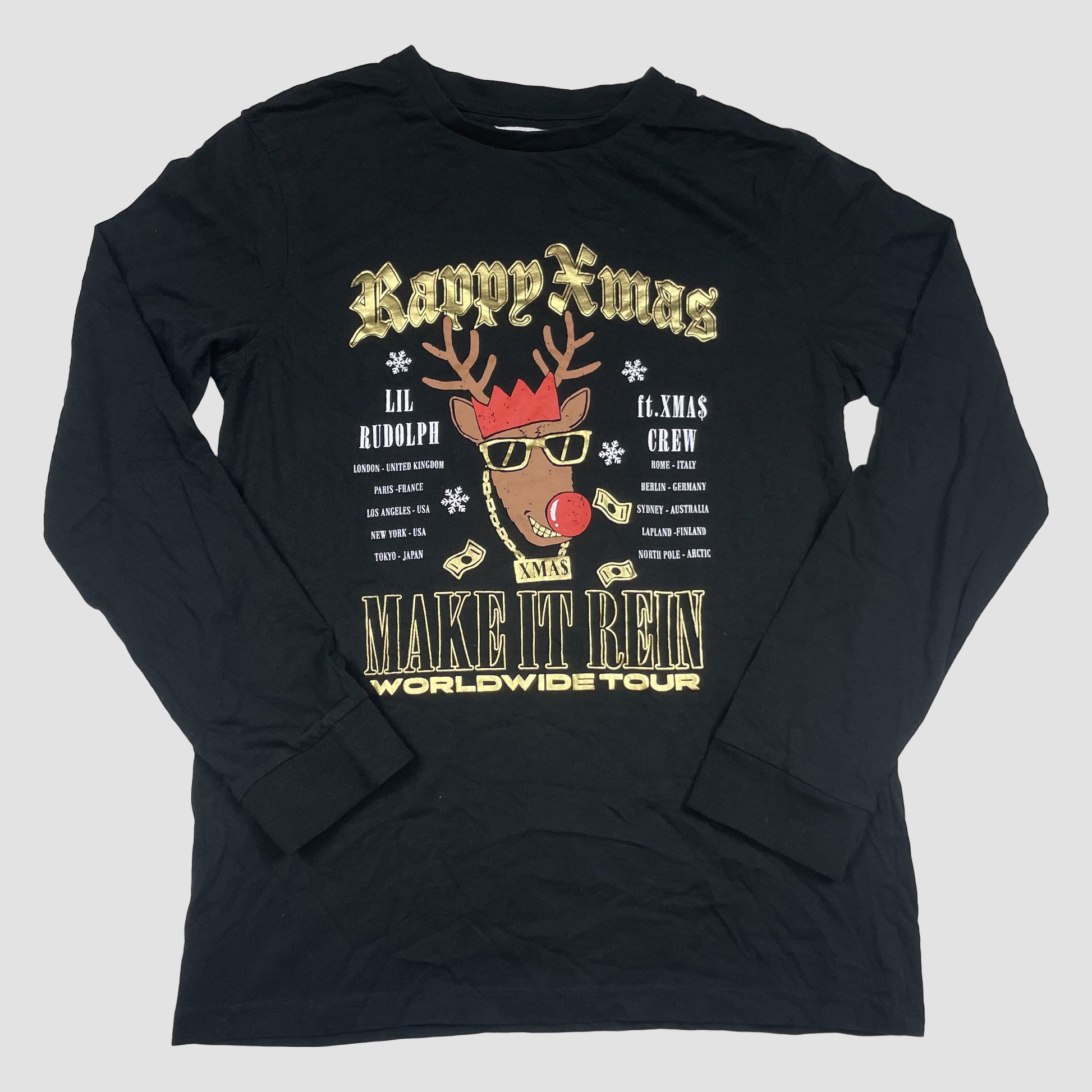 Schwarzes Langarmshirt von George mit weihnachtlichem Print „Rappy Xmas“ und Rentiermotiv, Größe 14–15 Jahre. – front