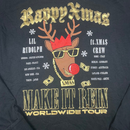 Schwarzes Langarmshirt von George mit weihnachtlichem Print „Rappy Xmas“ und Rentiermotiv, Größe 14–15 Jahre. – detail
