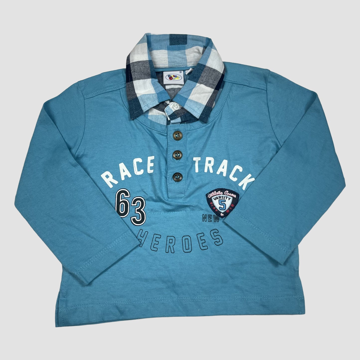 Blaues Langarmshirt mit Karo-Kragen und Frontprint, Größe 80