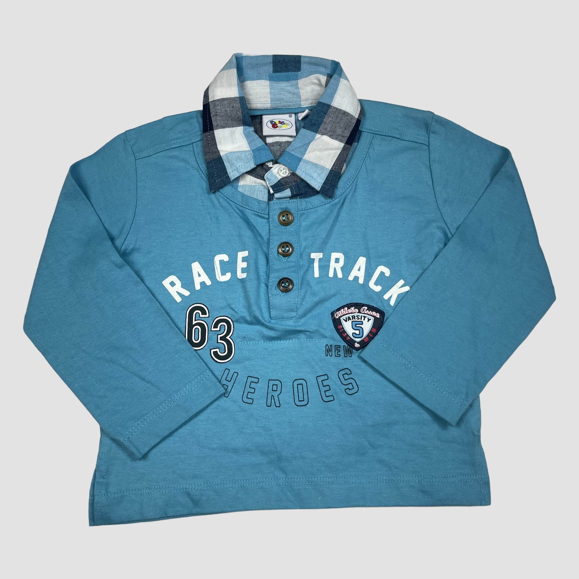 Blaues Langarmshirt mit Karo-Kragen und Frontprint, Größe 80