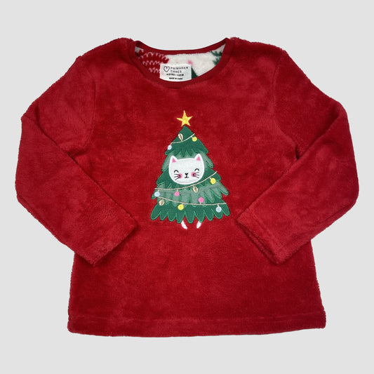 Rotes Fleece-Pyjamaoberteil von Primark mit Katzen-Weihnachtsbaum, Größe 110 (4–5 Jahre). – front