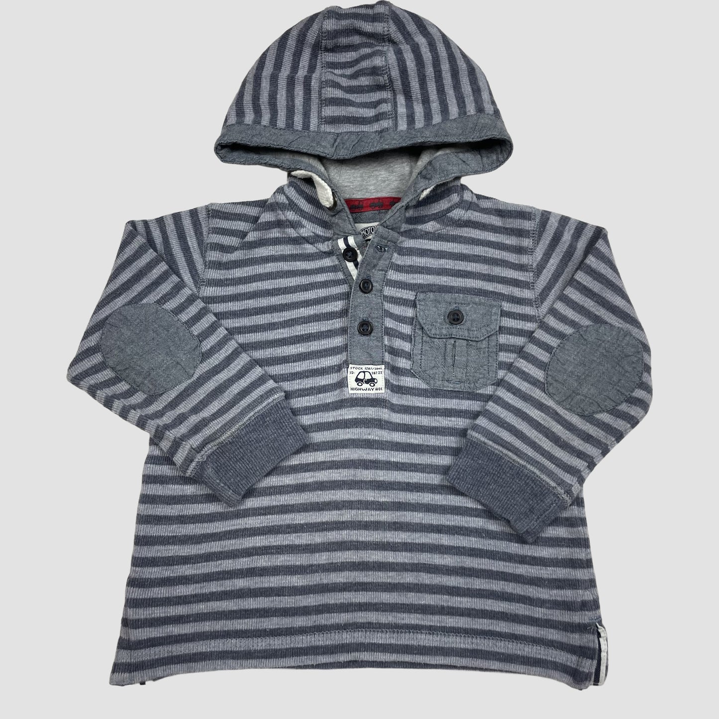 Grauer gestreifter Kapuzenpullover von Tu mit Knopfleiste und Brusttasche, Größe 80–86 (1–1½ Jahre) – front