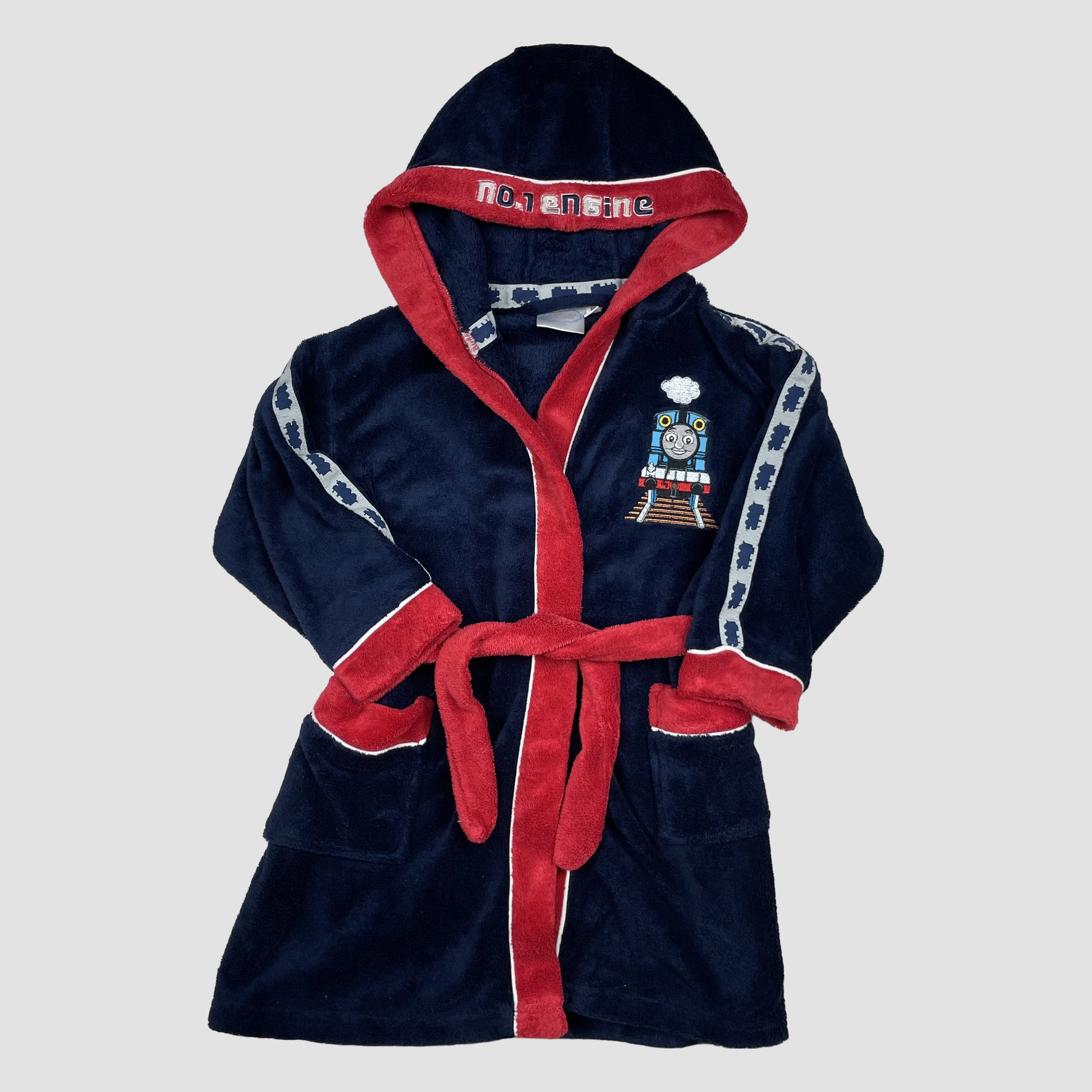 Dunkelblauer Kinder-Bademantel Thomas & Friends mit Kapuze und rotem Besatz, Größe 3–4 Jahre