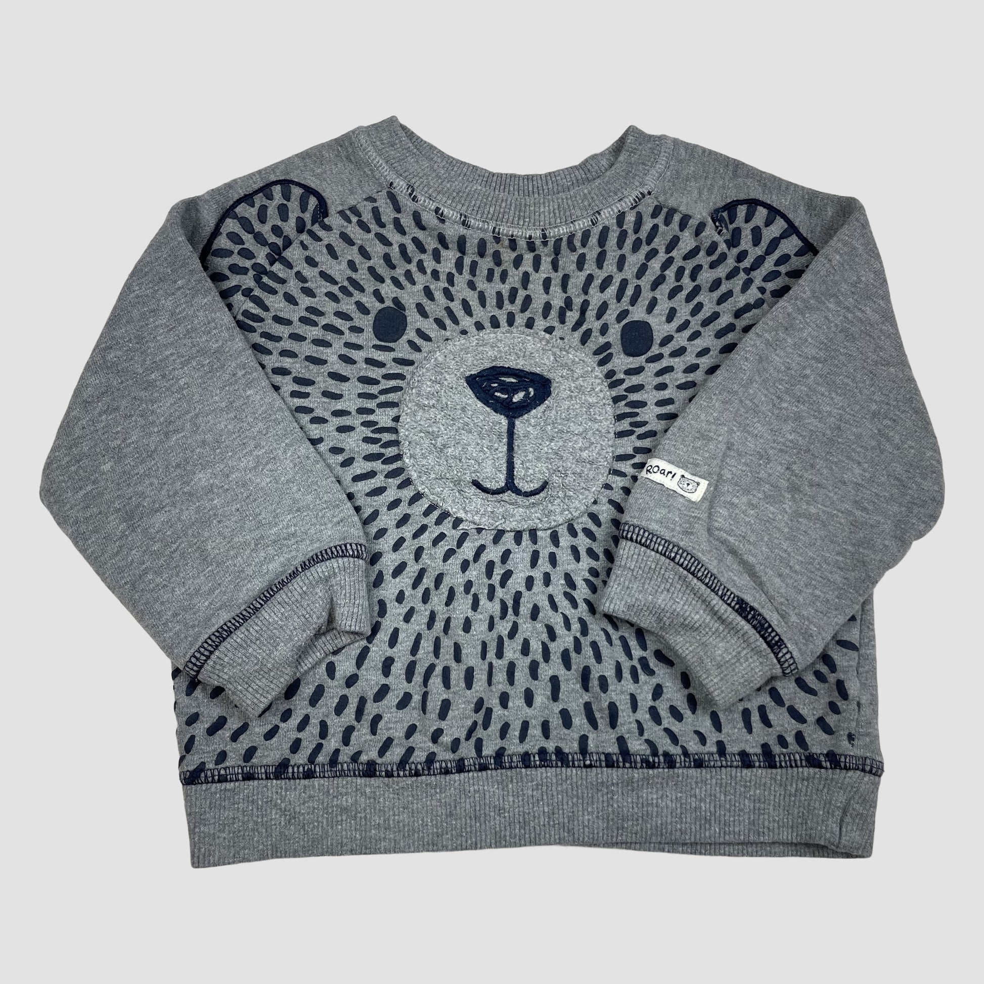 Grauer Kinder-Sweatshirt-Pullover mit Löwengesicht in Dunkelblau, Größe 80 (9–12 Monate) – front