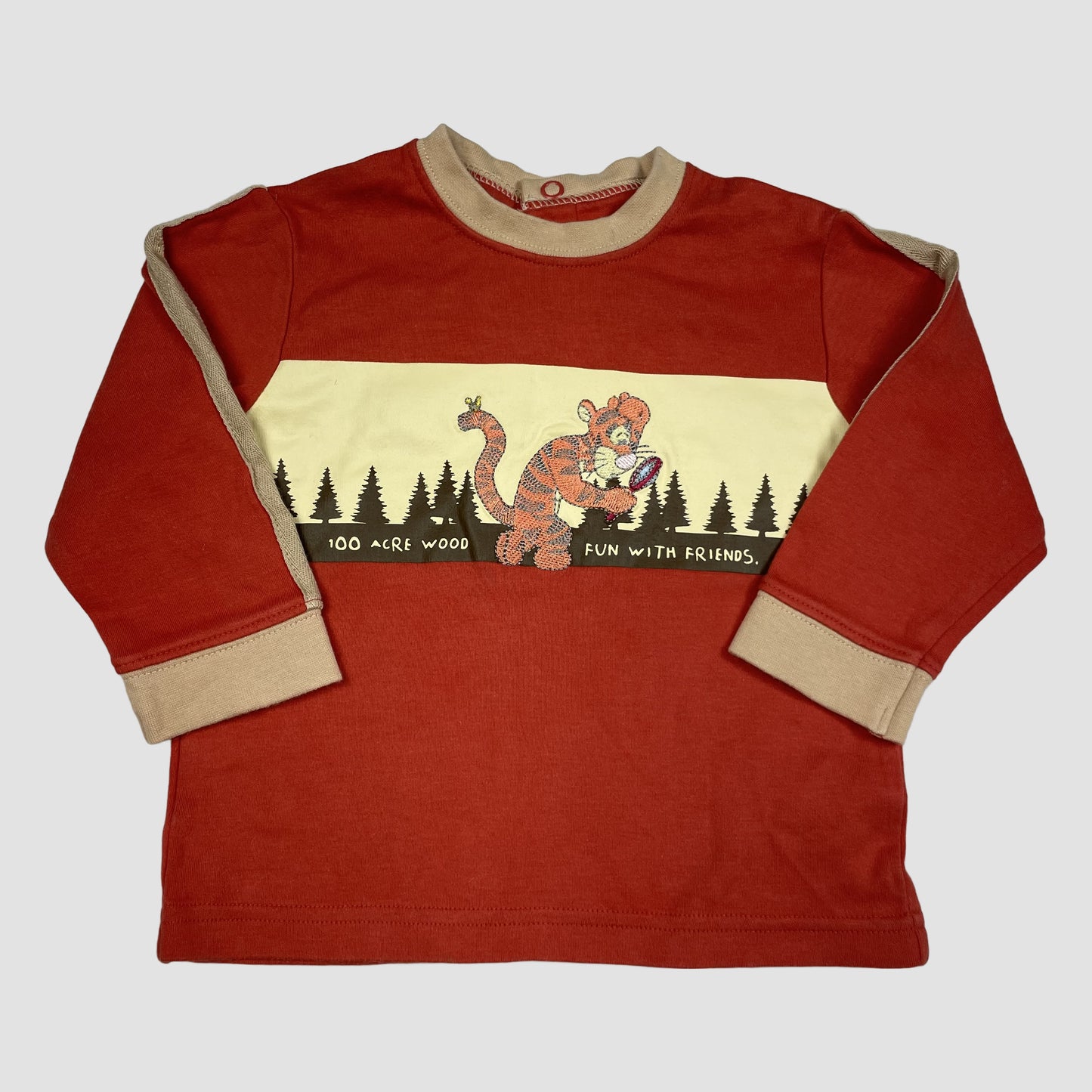 Oranges Langarmshirt von George/Disney Baby mit Tigger-Print und beigen Bündchen, Größe 9–12 Monate – front