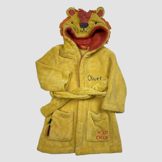 Gelber Kinder-Bademantel mit Löwenkapuze und Stickerei, Größe 6–12 Monate – front