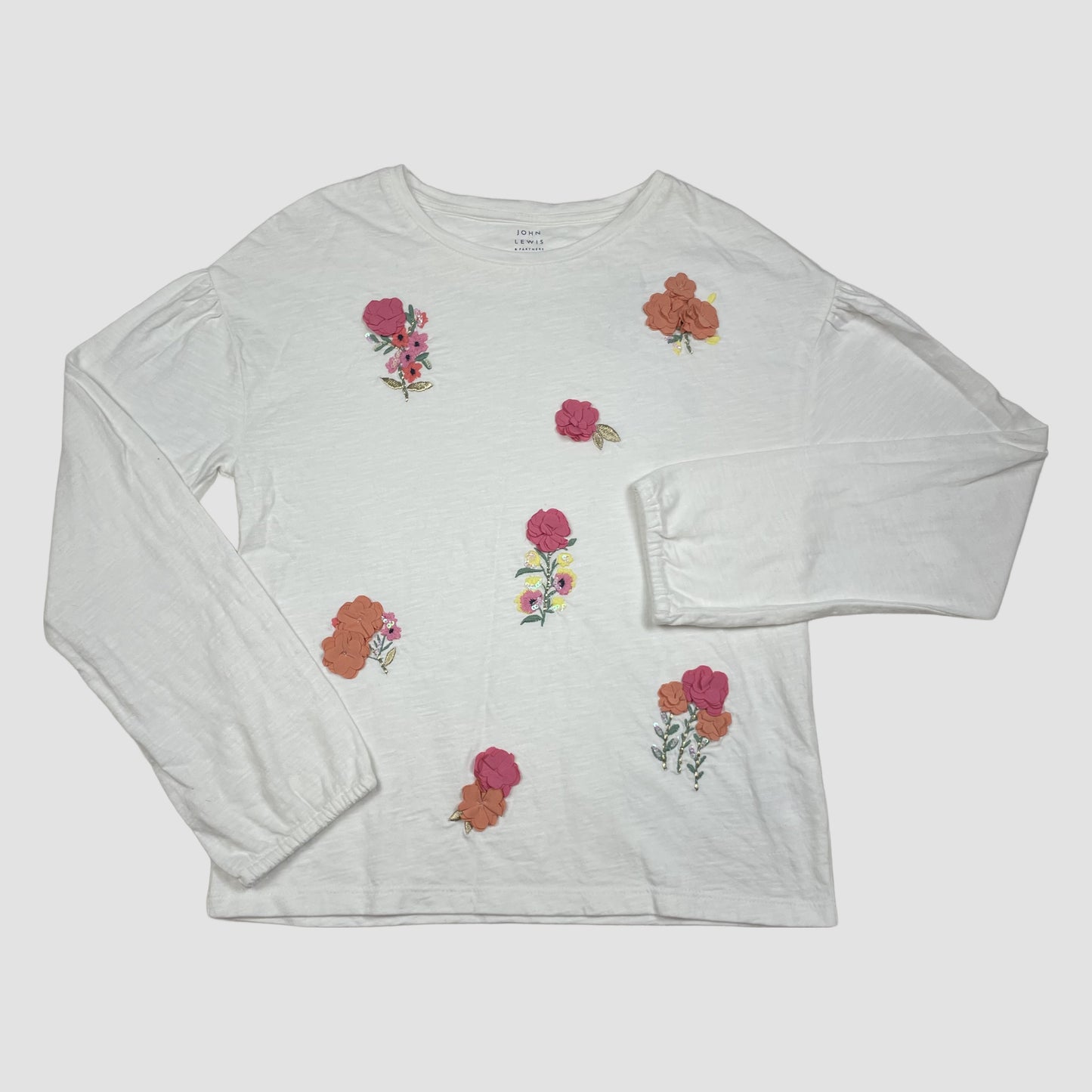 Weißes Langarmshirt mit Blumen von John Lewis, Größe 146 – front