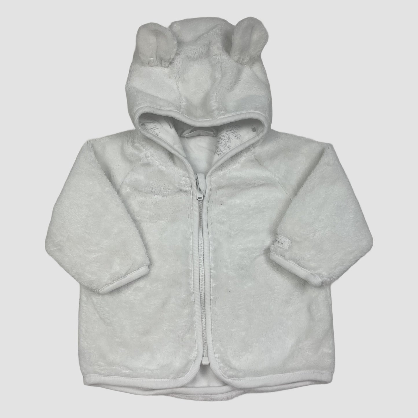 Weiße Fleece-Babyjacke von Lindex mit Kapuze und Ohren, Größe 62 – front