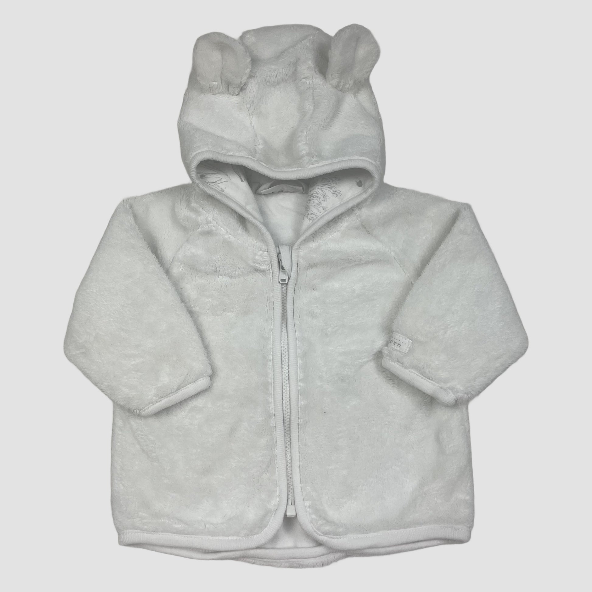 Weiße Fleece-Babyjacke von Lindex mit Kapuze und Ohren, Größe 62 – front