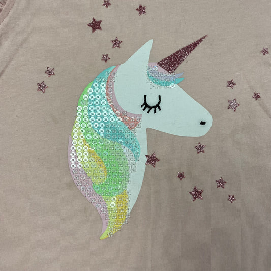 Rosa Kinder-T-Shirt mit Einhorn-Pailletten und Rüschenärmeln, Größe 92 – detail