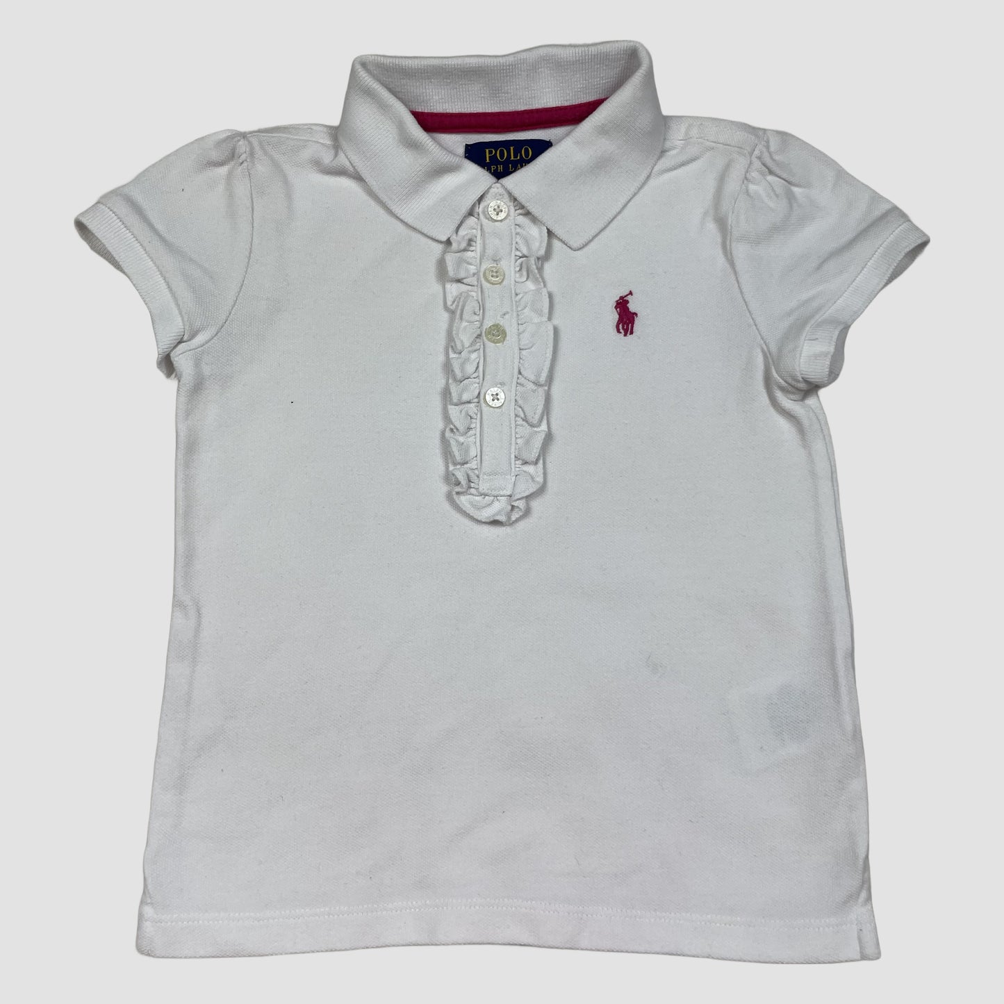 Weißes Polo-T-Shirt für Mädchen mit Rüschen und kurzer Knopfleiste – front