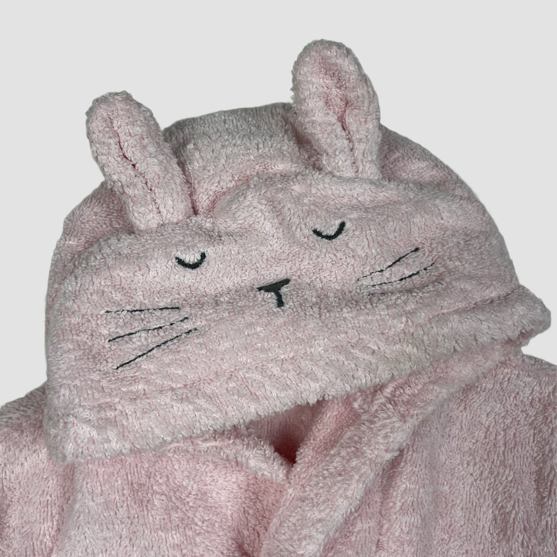 Rosa Baby-Bademantel aus Frottee mit Kapuze und Tiergesicht, 0–3 Monate – detail