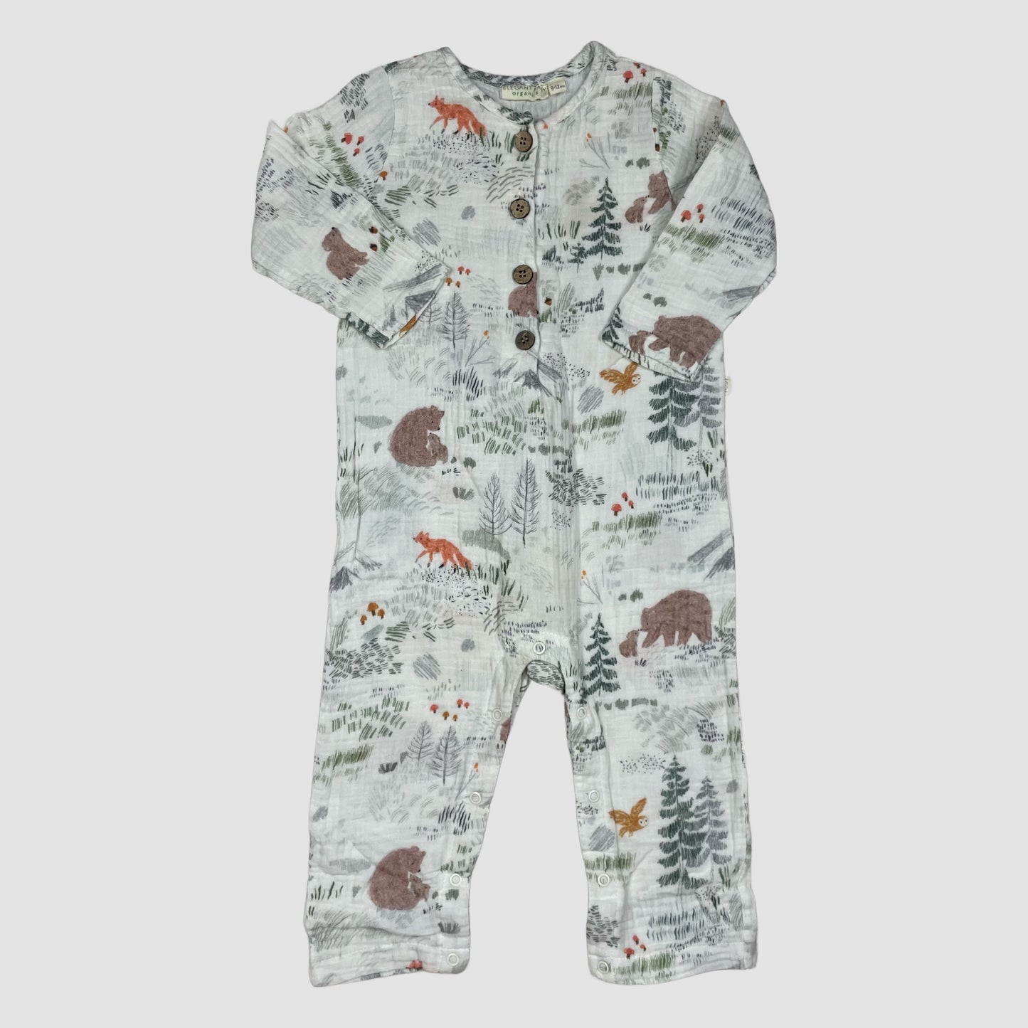 Weißer Baby-Overall mit Waldtier-Print und Holzknöpfen, Größe 9–12 Monate – front