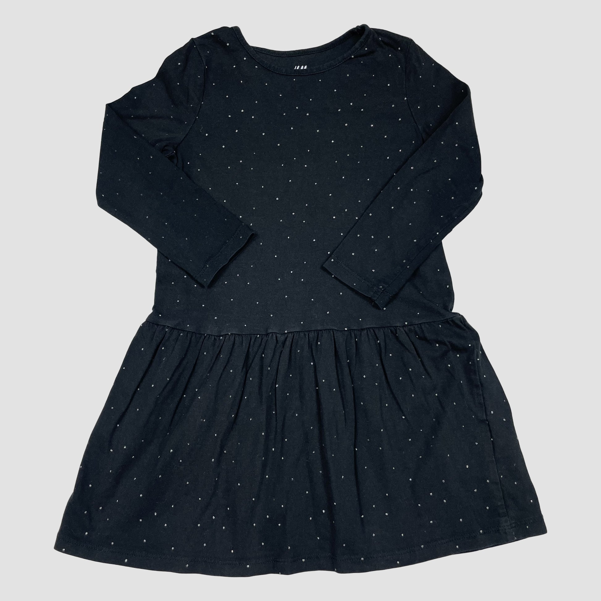 Schwarzes H&M Kinderkleid mit weißen Punkten und langen Ärmeln, Größe 98/104