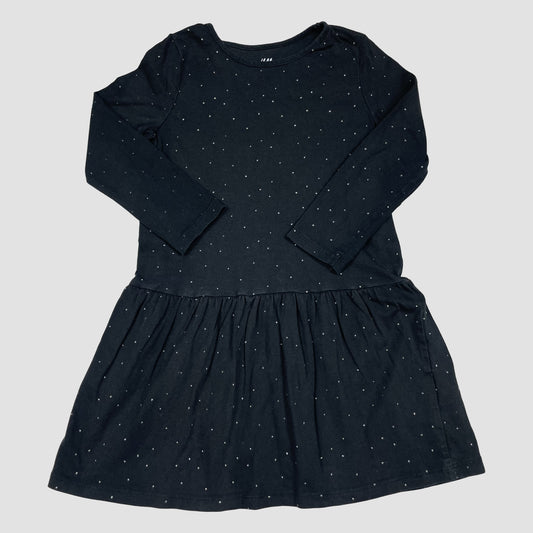 Schwarzes H&M Kinderkleid mit weißen Punkten und langen Ärmeln, Größe 98/104