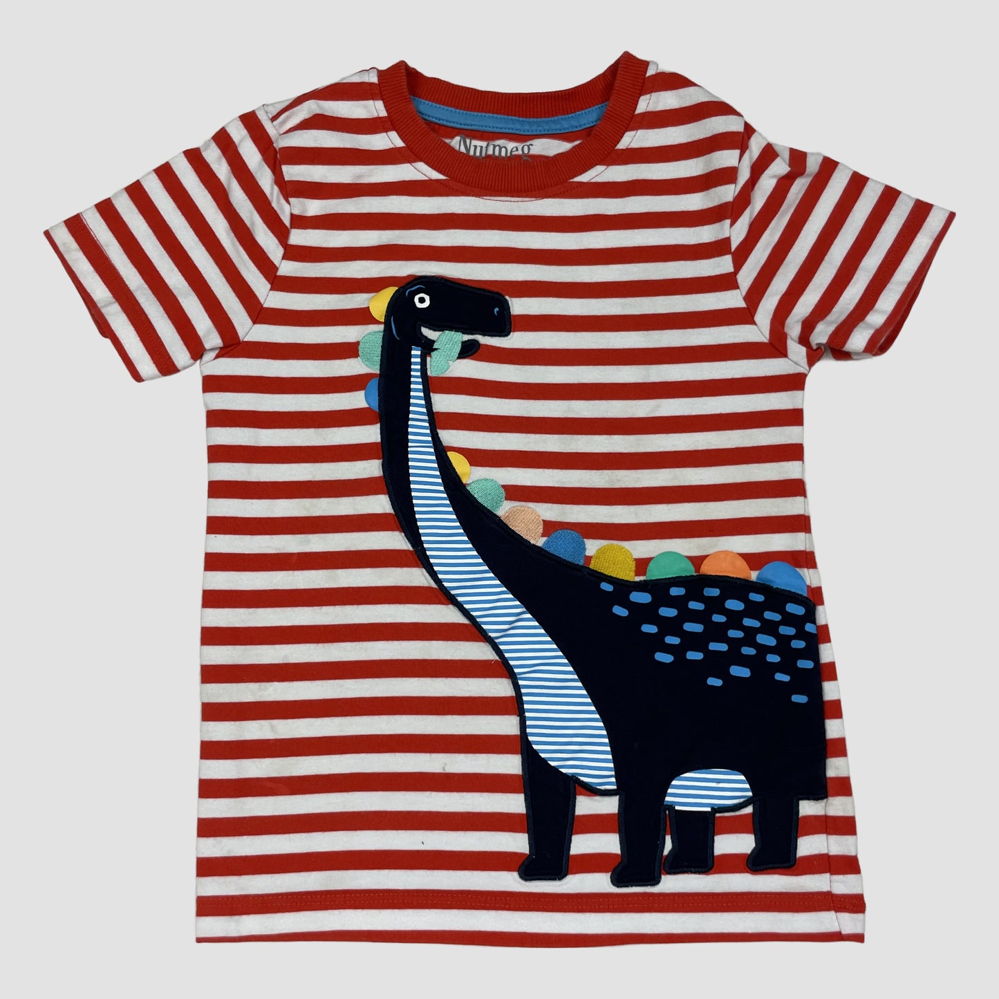 Rot-weiß gestreiftes T-Shirt mit Dinosaurier-Applikation, Größe 4–5 Jahre – front