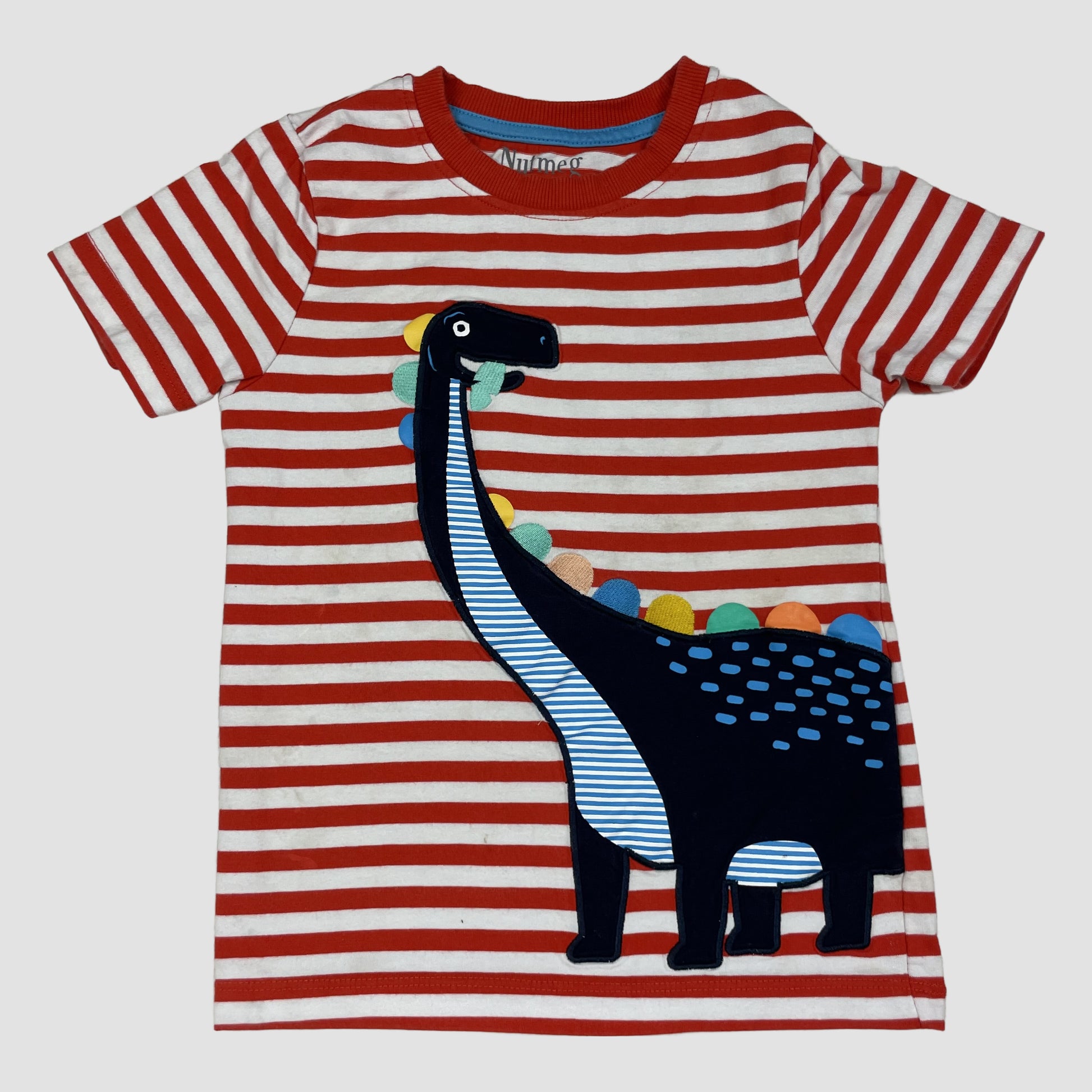 Rot-weiß gestreiftes T-Shirt mit Dinosaurier-Applikation, Größe 4–5 Jahre – front