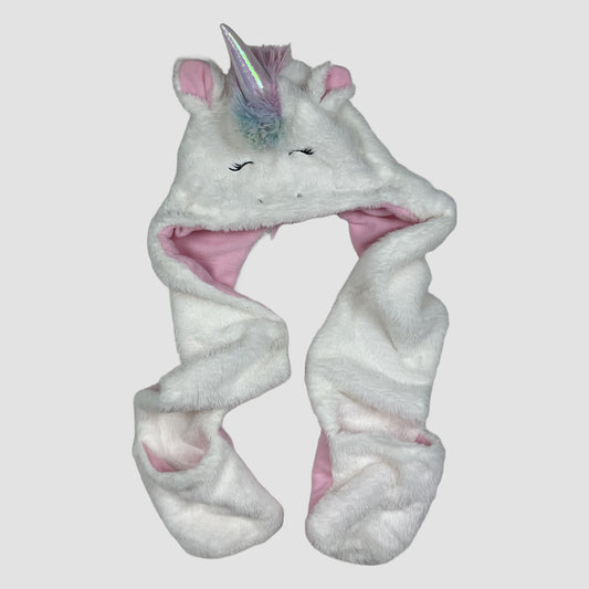 Weiße Einhorn-Mütze mit langen Schal-Enden und Taschen, rosa Fleece innen, Größe 7–10 Jahre – front