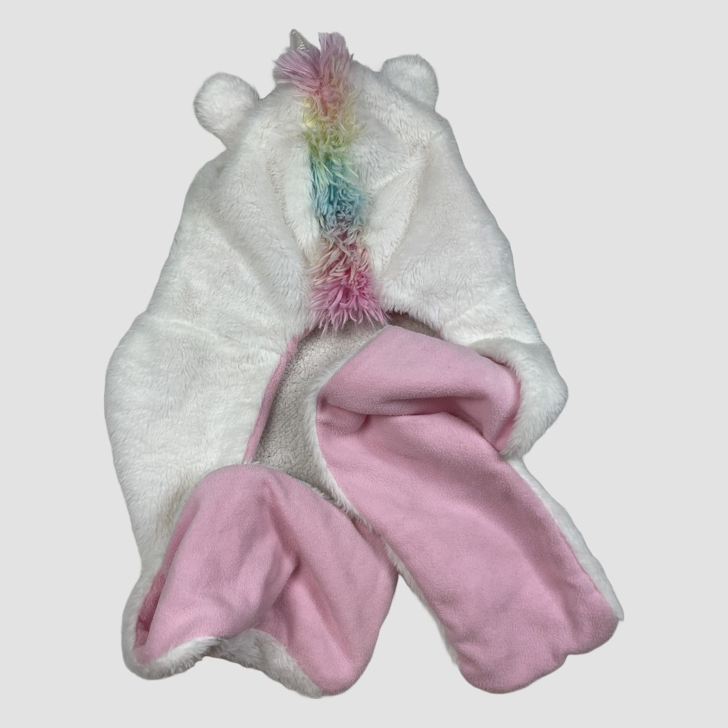 Weiße Einhorn-Mütze mit langen Schal-Enden und Taschen, rosa Fleece innen, Größe 7–10 Jahre 5