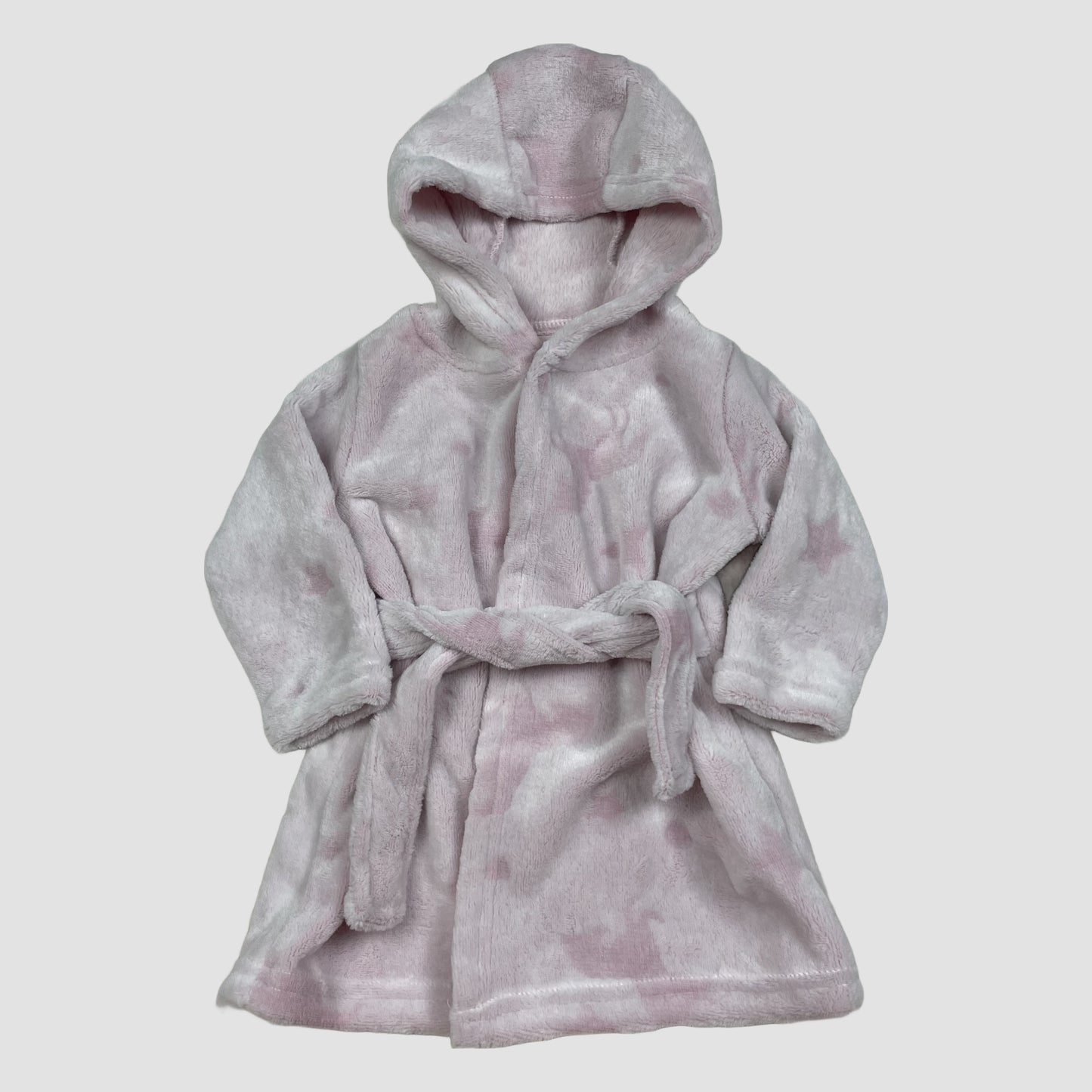 Rosa Baby-Bademantel mit Kapuze, Sternmuster und Bindegürtel, Größe 3–6 Monate – front