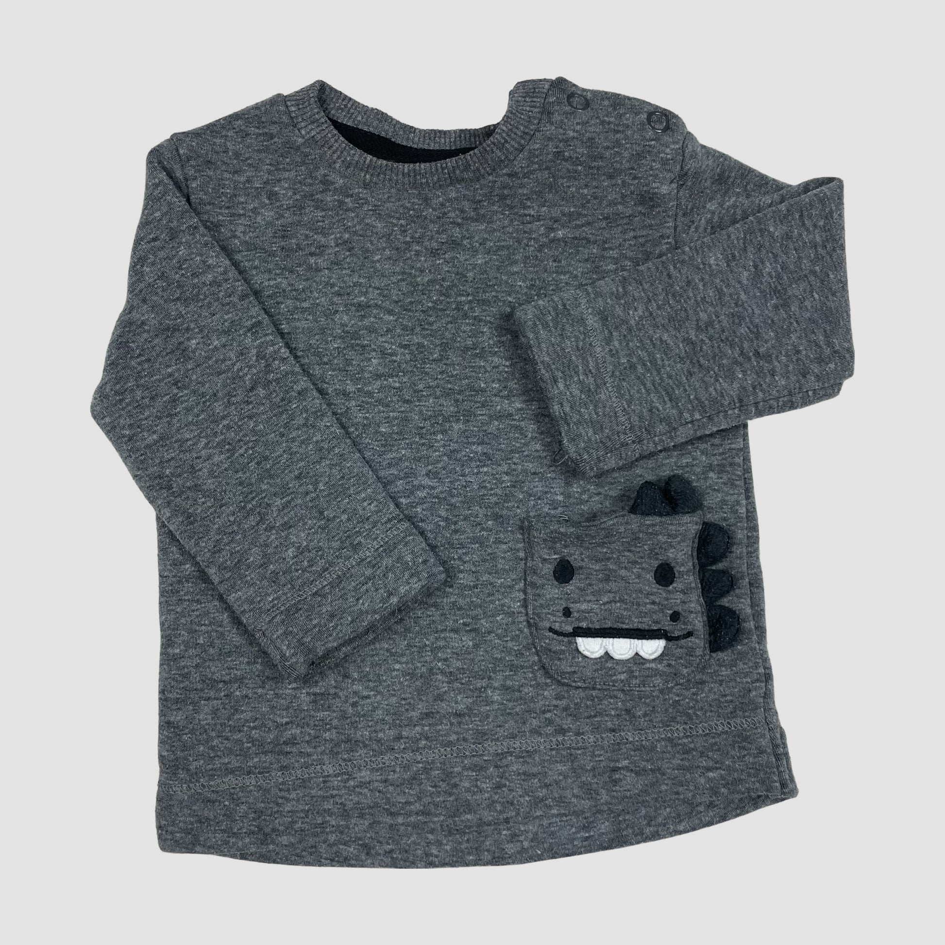 Graues Baby-Sweatshirt mit Dino-Tasche und Schulterknöpfen, Größe 3–6 Monate – front