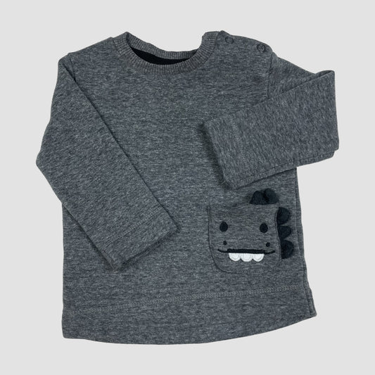 Graues Baby-Sweatshirt mit Dino-Tasche und Schulterknöpfen, Größe 3–6 Monate – front