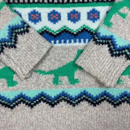 Grauer Baby-Pullover mit Dinosaurier-Muster und Schulterknöpfen, Größe 6–9 Monate detail