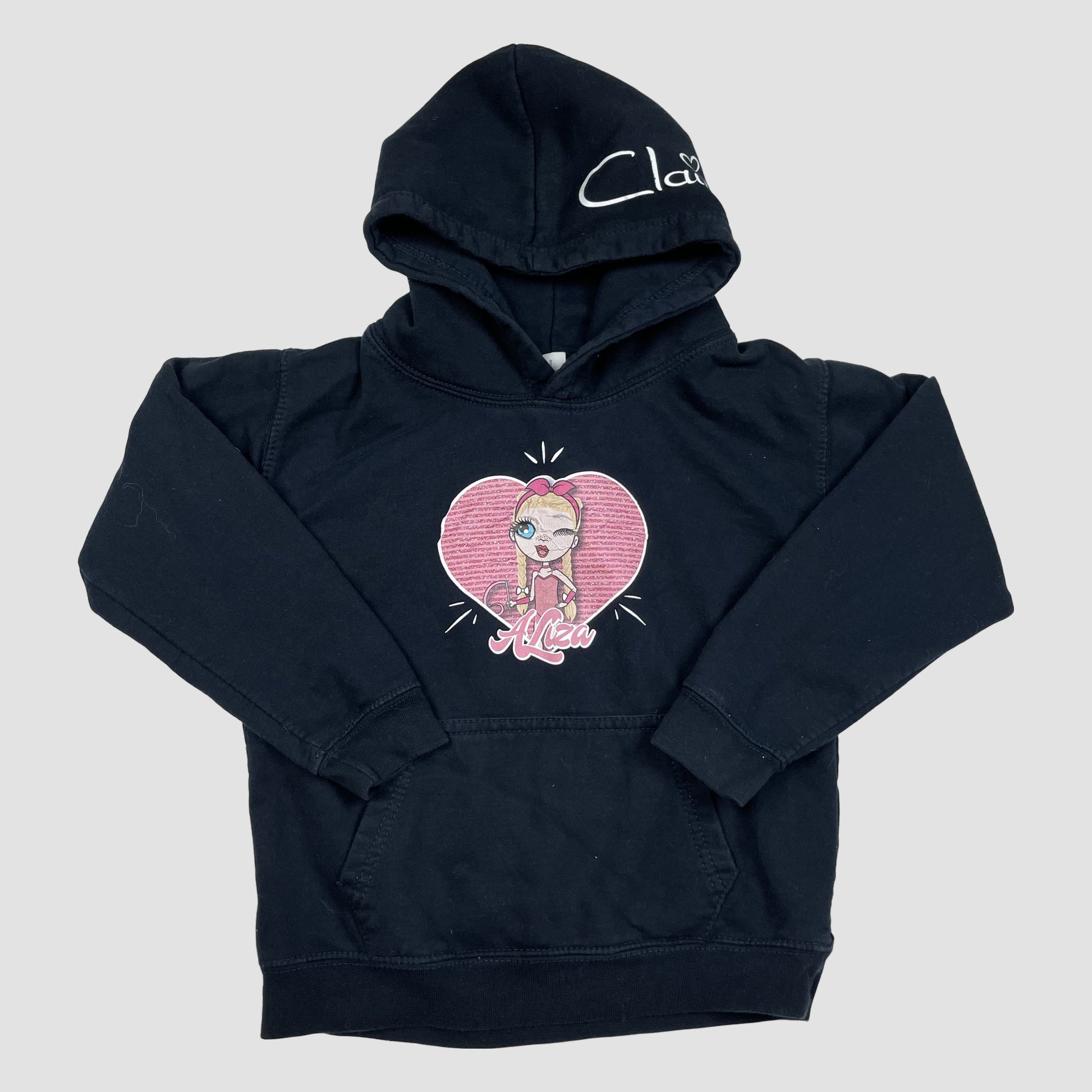 Schwarzer Kinder-Hoodie mit Herz-Print und Kapuze, Größe 7–8 Jahre – front