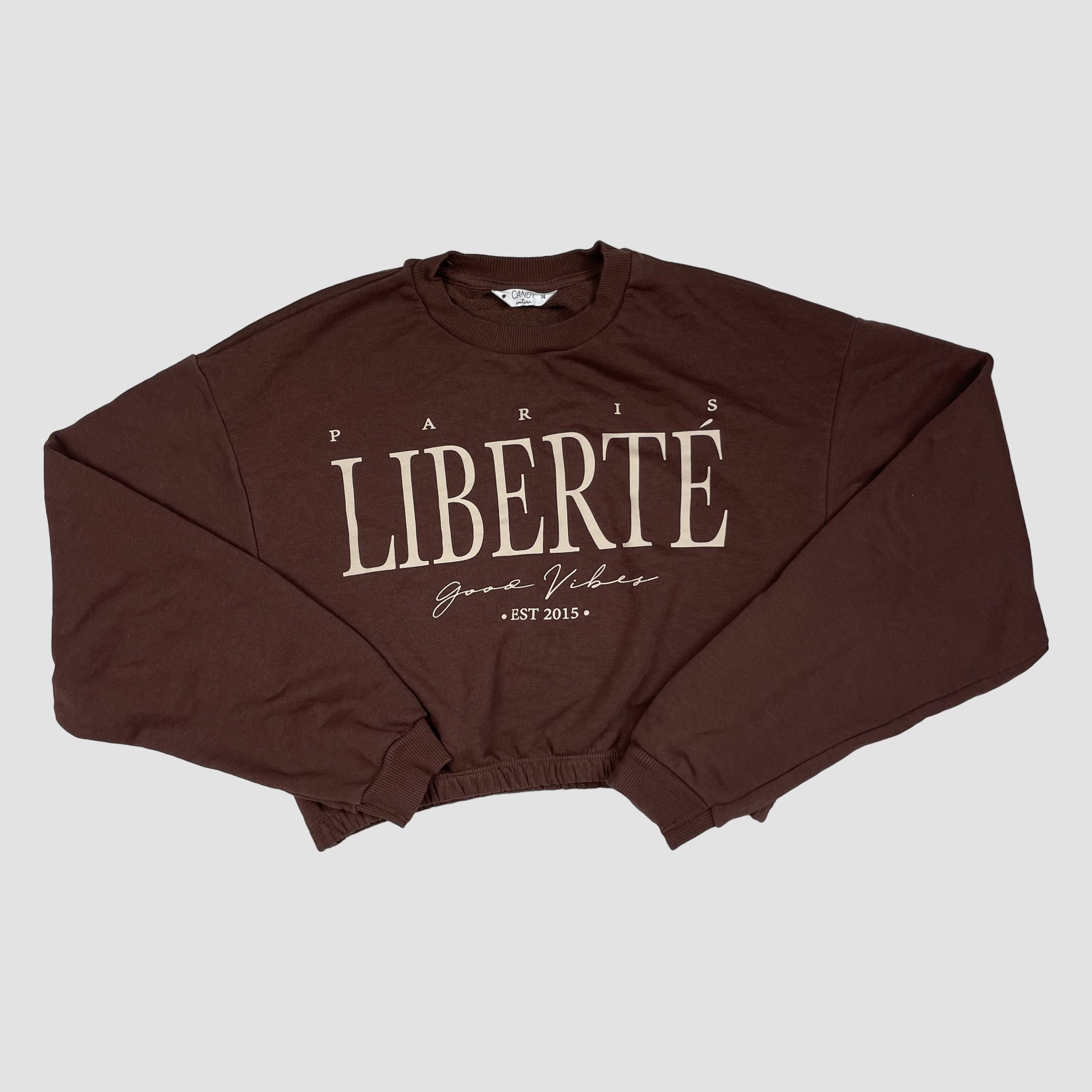 Braunes Cropped-Sweatshirt mit Liberté-Print vorne, Größe 14 – front