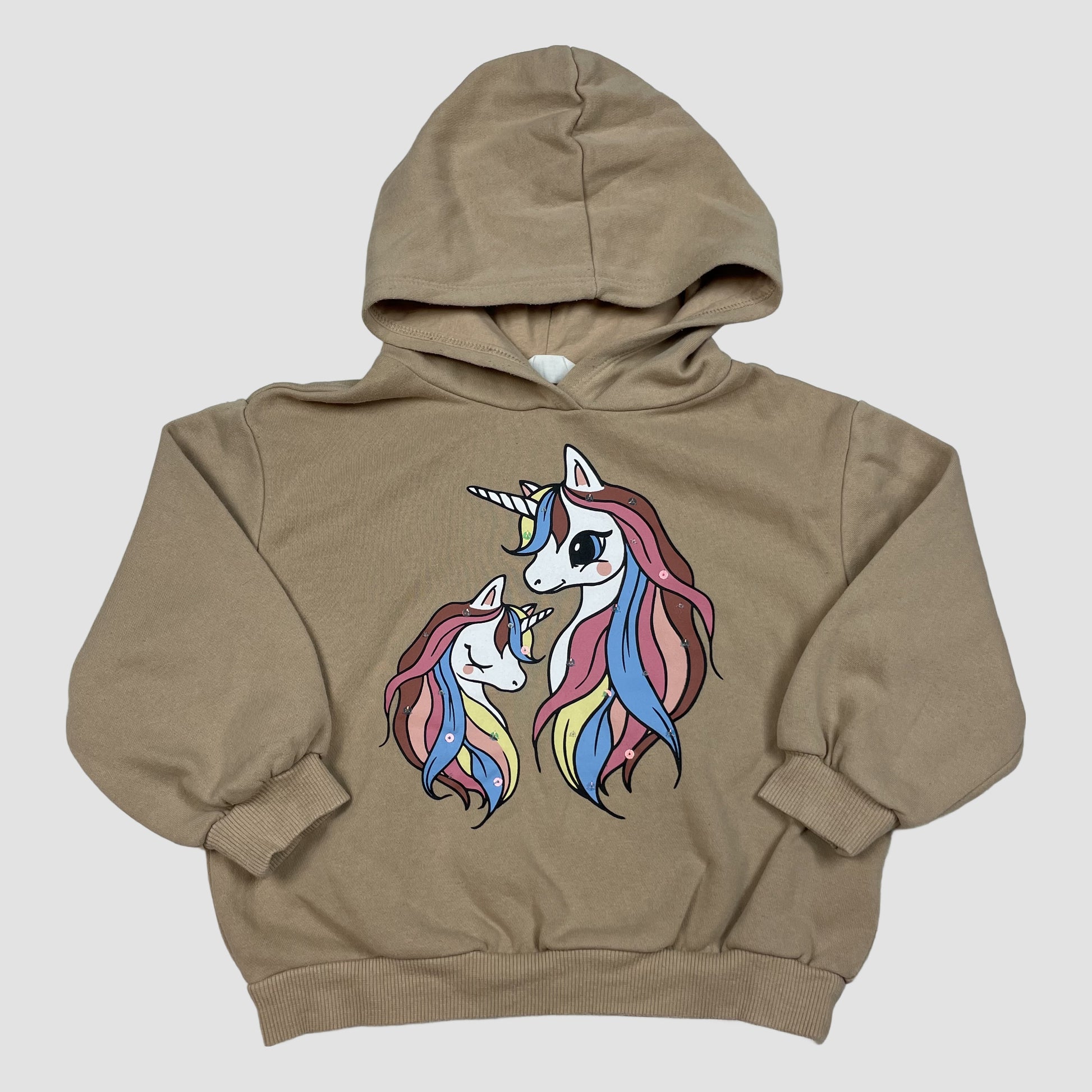 Beiger Kinder-Hoodie mit Einhorn-Print, Größe 98/104 – front