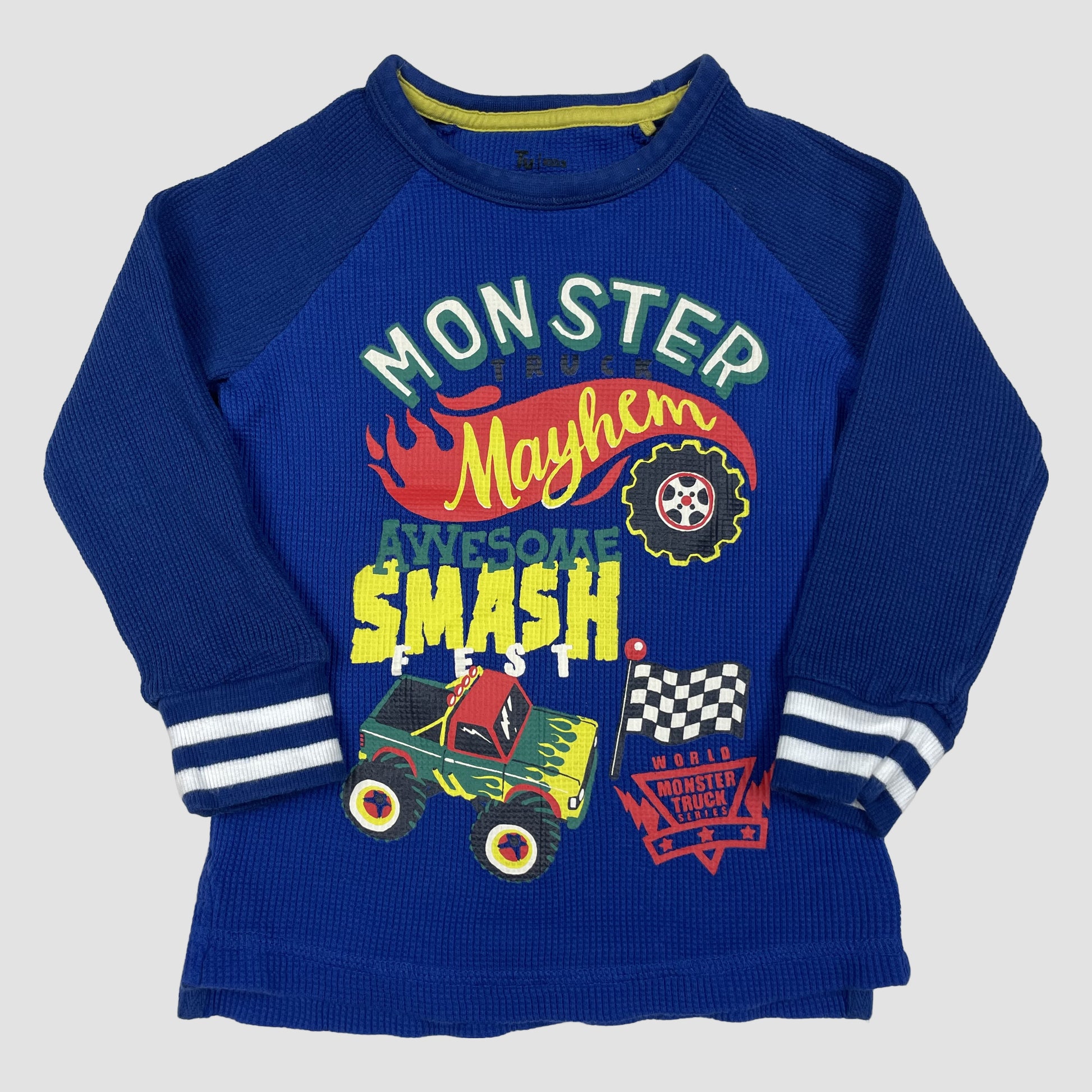 Blauer Baumwoll-Pullover mit Monstertruck-Print, Größe 2–3 Jahre – front