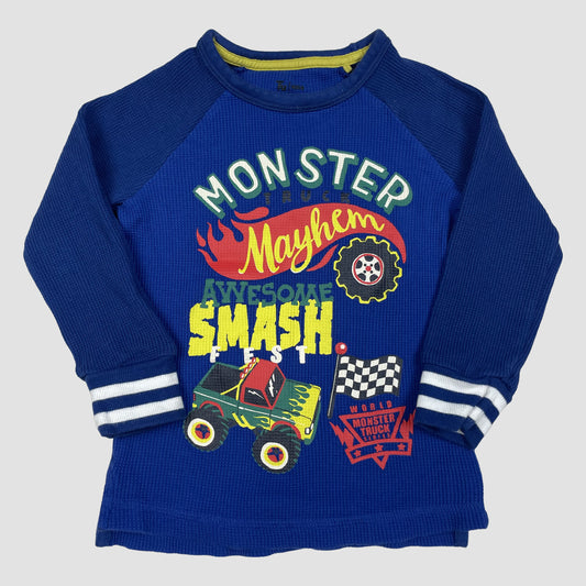 Blauer Baumwoll-Pullover mit Monstertruck-Print, Größe 2–3 Jahre – front