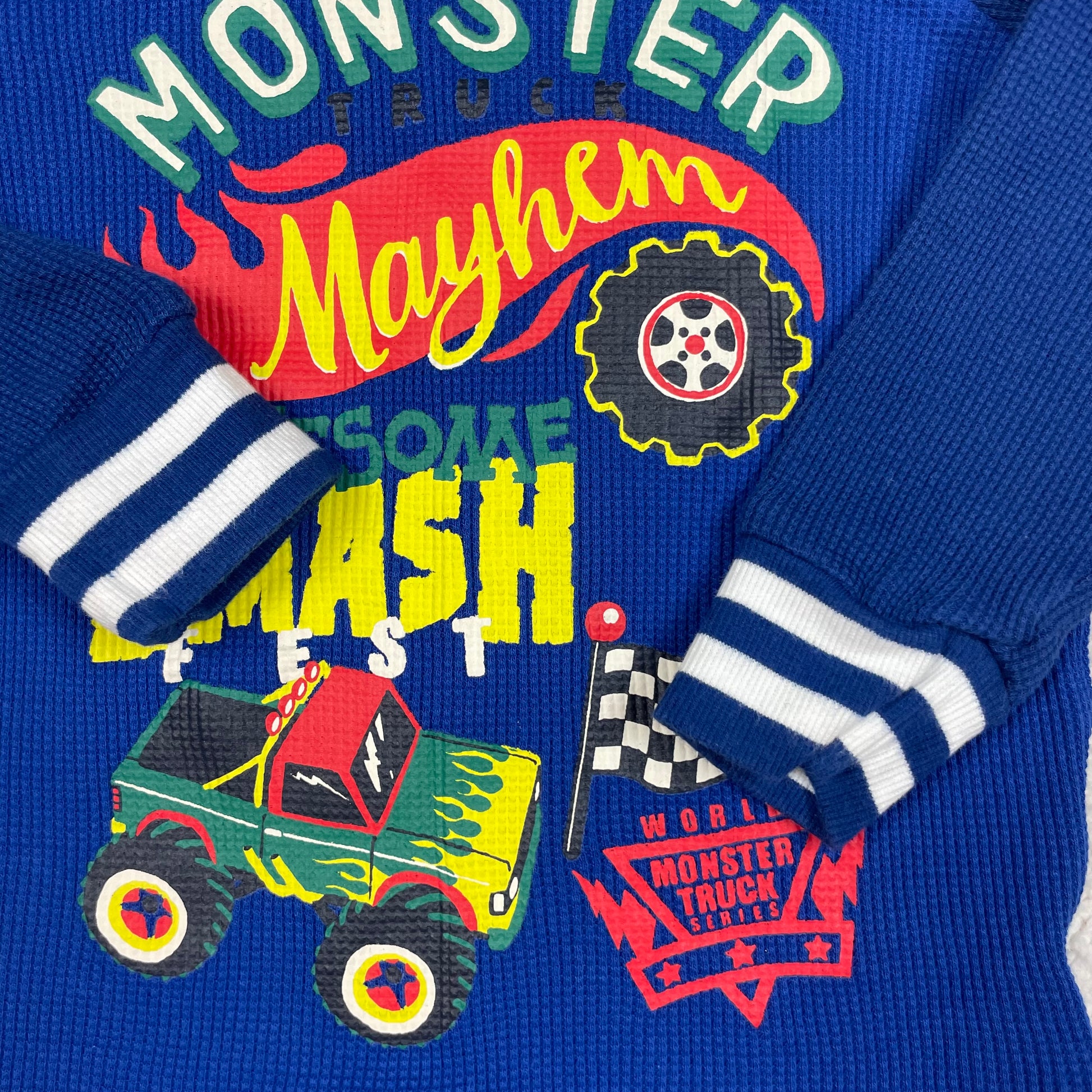 Blauer Baumwoll-Pullover mit Monstertruck-Print, Größe 2–3 Jahre – detail