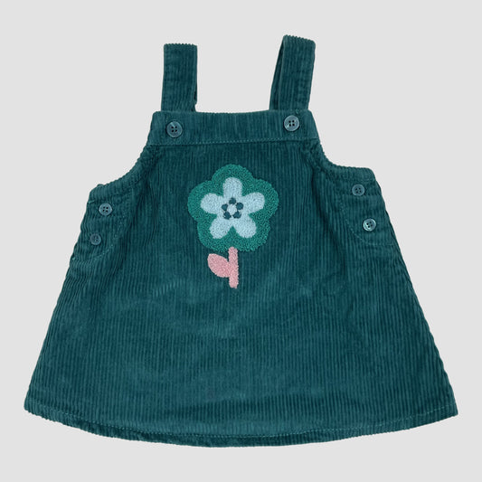 Türkisgrünes Cord-Trägerkleid mit Blumenapplikation von Next, Größe bis 3 Monate